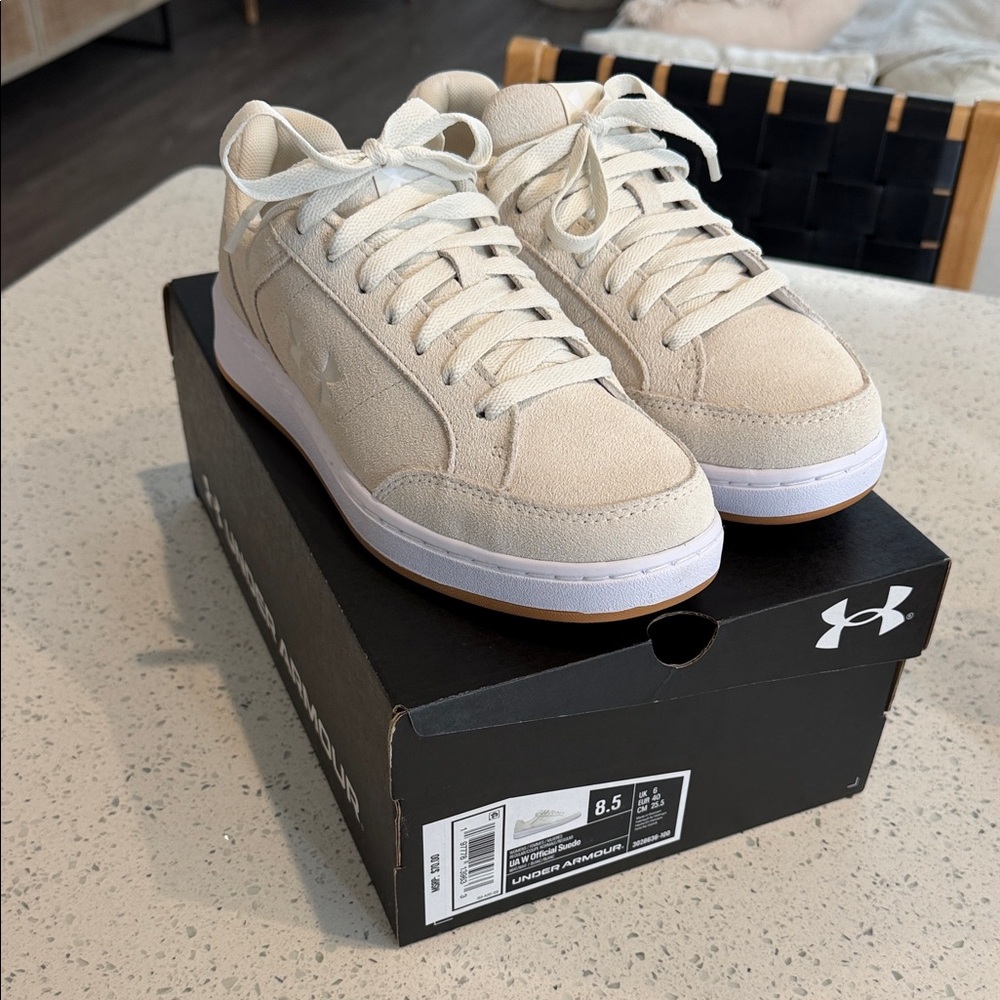 NIB Under Armour UA W Official Suede Beige and White Sneakers. Size 8.5